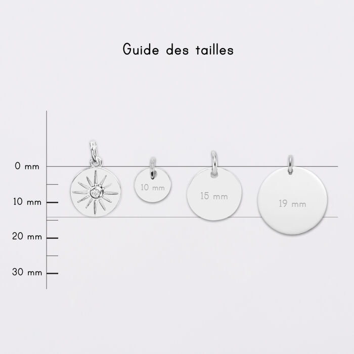 Breloque soleil scintillant argent 14 mm - guide des tailles médailles
