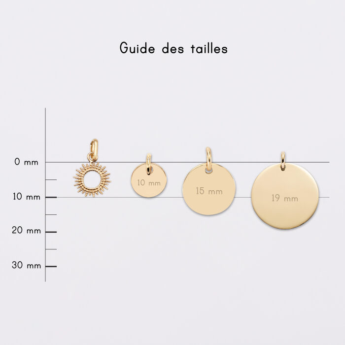 Breloque soleil  plaqué or 10 mm - guide des tailles médailles