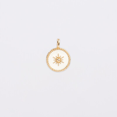 Breloque soleil email blanc et plaqué or 14 mm
