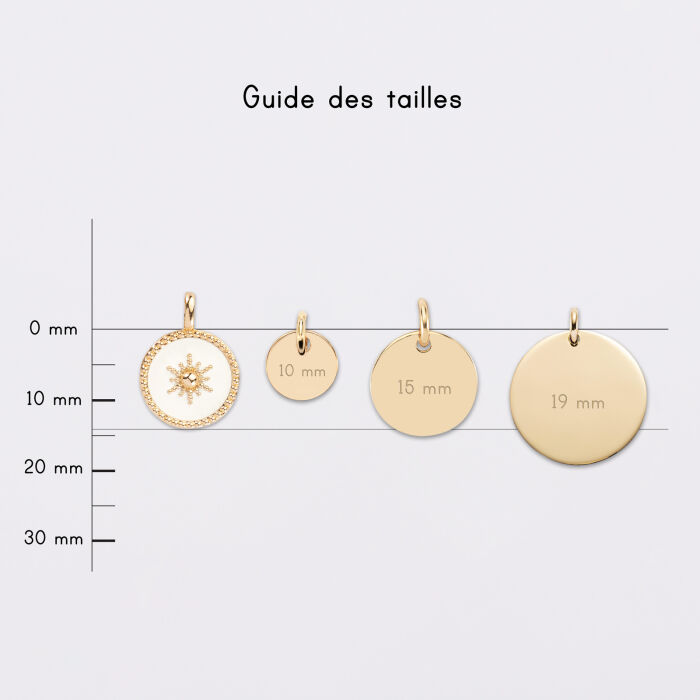 Breloque soleil email blanc et plaqué or 14 mm - guide des tailles médailles