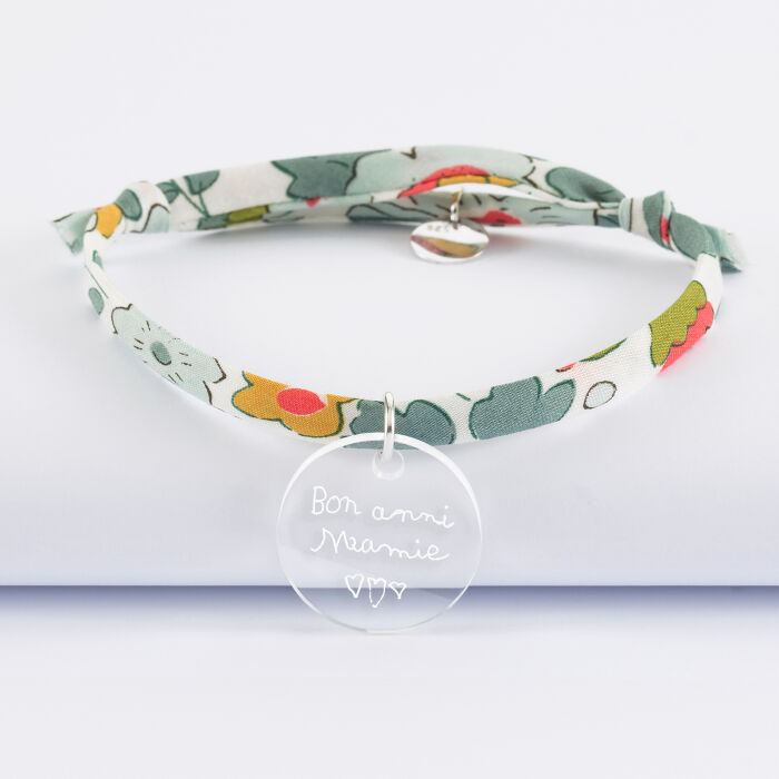 Bracelet Liberty personnalisé médaille gravée acrylique dormeuse ronde 20 mm - écrits