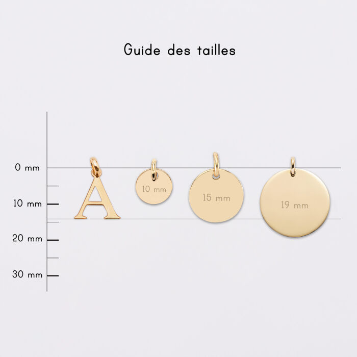 Breloque lettre initiale 14 mm plaqué or - guide des tailles médailles