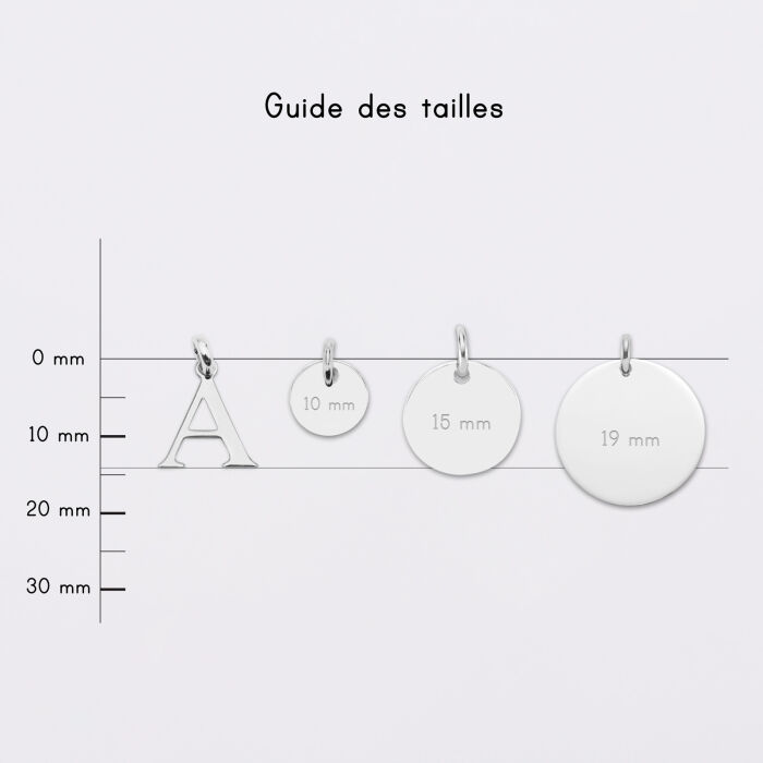 Breloque lettre initiale argent 14 mm - guide des tailles médailles