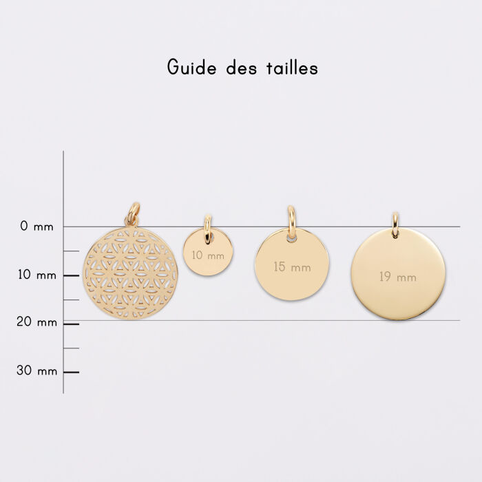 Breloque fleur de vie plaqué or 19 mm - guide des tailles médailles