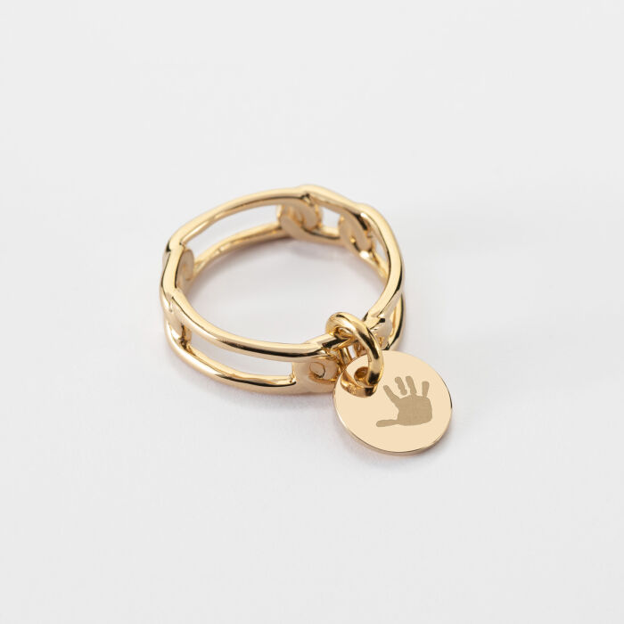 Bague chaine maille large plaqué or personnalisée médaille gravée 10 mm - empreinte