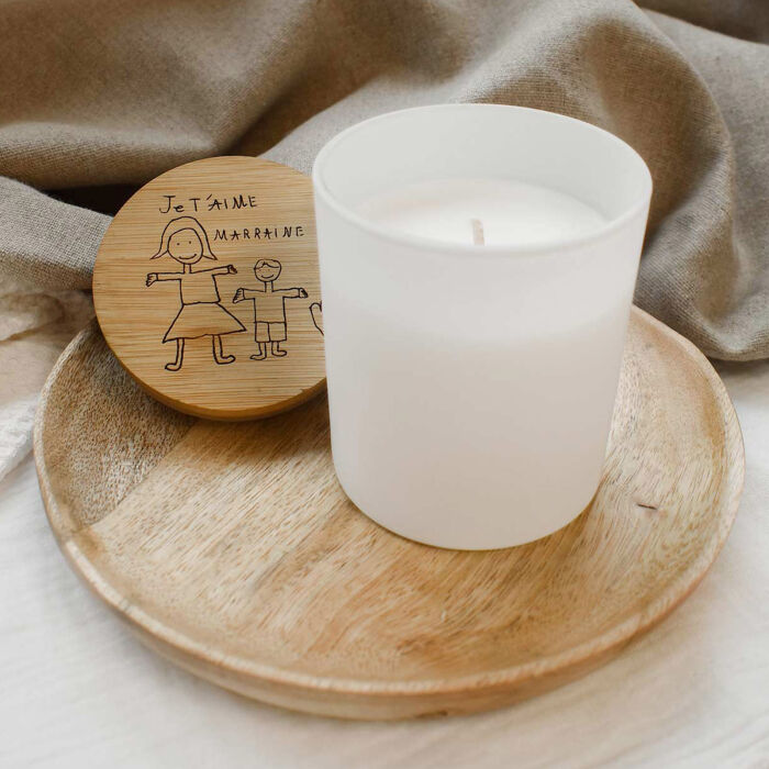 Bougie parfumée personnalisé couvercle bois gravé - cadeau marraine