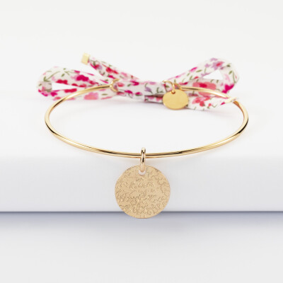 Bracelet personnalisé jonc plaqué or et cordon Liberty médaille martelée gravée 15 mm face martelée