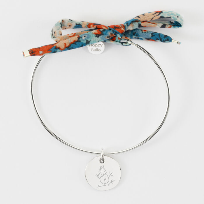 Bracelet personnalisé jonc argent et cordon Liberty médaille martelée gravée 15 mm - dessin