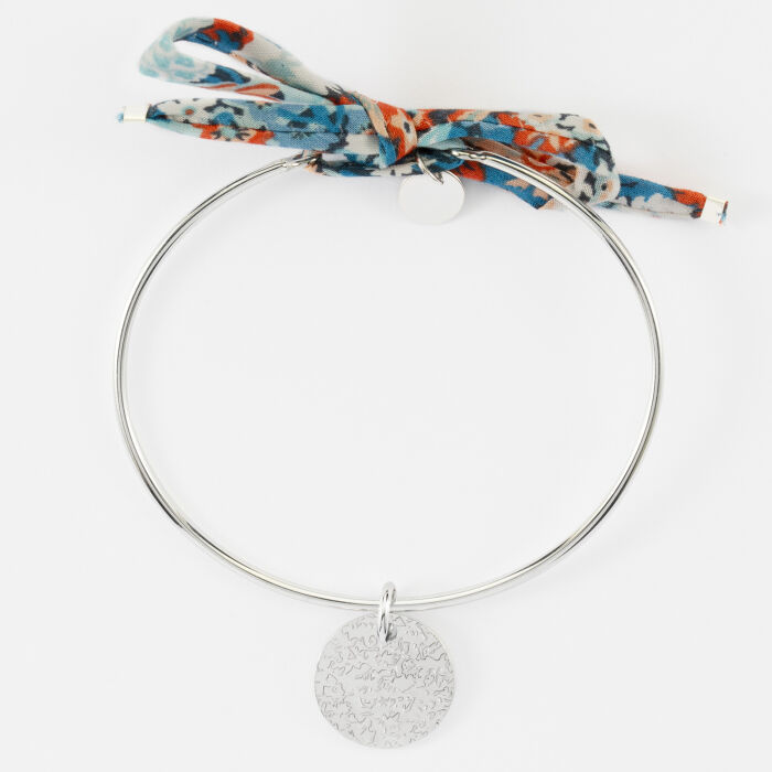 Bracelet personnalisé jonc argent et cordon Liberty médaille martelée gravée 15 mm - martelage