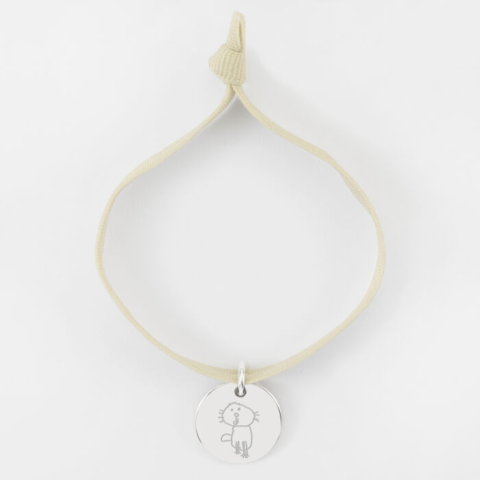 Bracelet enfant personnalisé cordon élastique médaille martelée gravée argent 15 mm - dessin