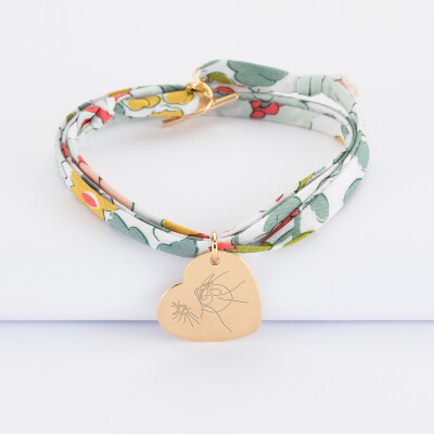 Bracelet 3 tours Liberty personnalisé médaille gravée plaqué or dormeuse coeur 19x21 mm - dessin