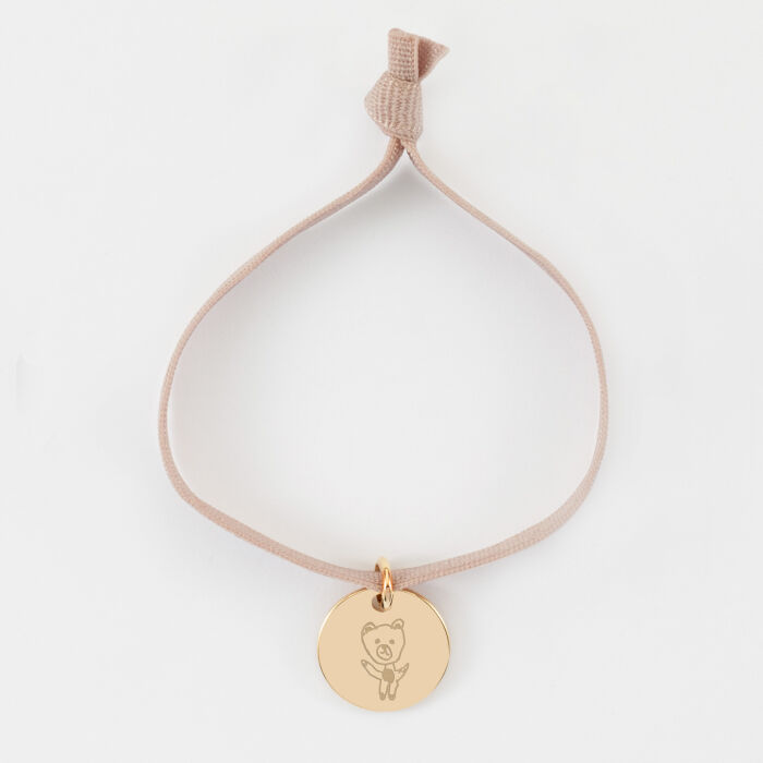 Bracelet enfant personnalisé cordon élastique médaille martelée gravée plaqué or 15 mm - dessin