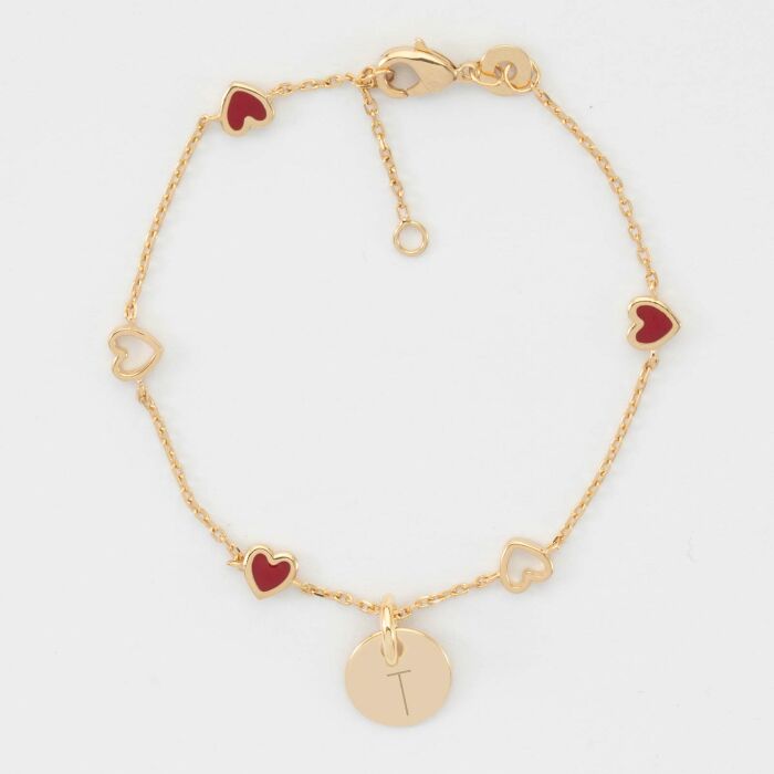 Bracelet chaîne cœurs ajourés et email médaille gravée plaqué or 10 mm - T