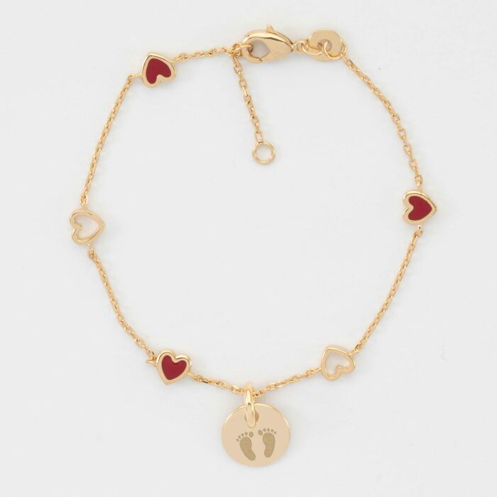 Bracelet chaîne cœurs ajourés et email médaille gravée plaqué or 10 mm - pieds