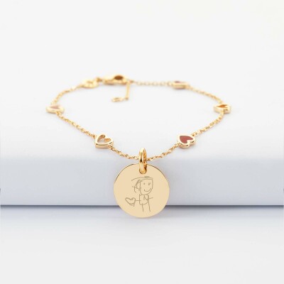 Bracelet chaîne cœurs ajourés et email médaille gravée plaqué or 15 mm - dessin