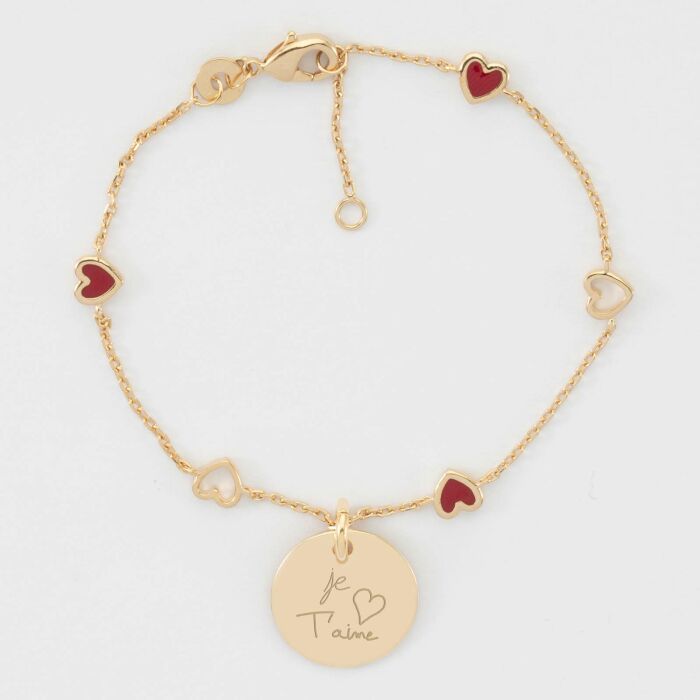 Bracelet chaîne cœurs ajourés et email médaille gravée plaqué or 15 mm - manuscrit