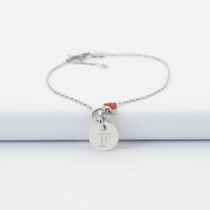 Bracelet chaîne cœur email rouge personnalisé médaille gravée argent 10 mm - F