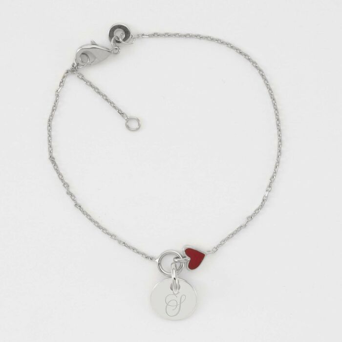Bracelet chaîne cœur email rouge personnalisé médaille gravée argent 10 mm - S