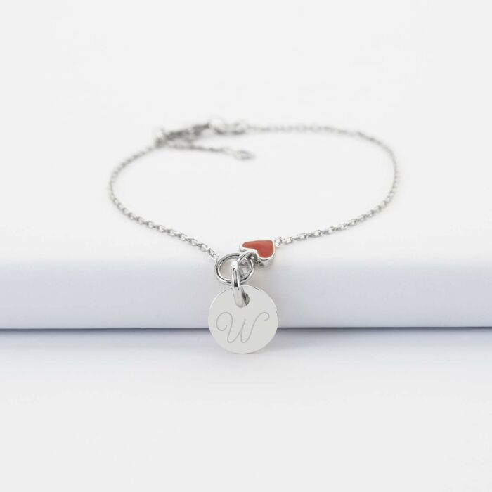Bracelet chaîne cœur email rouge personnalisé médaille gravée argent 10 mm - W