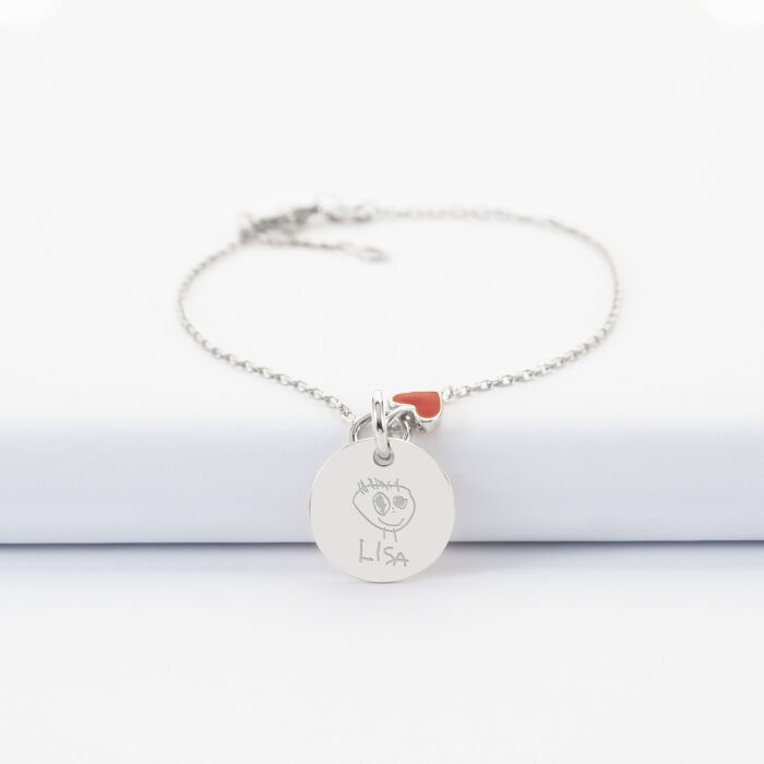 Bracelet chaîne cœur email rouge personnalisé médaille gravée argent 15 mm - dessin