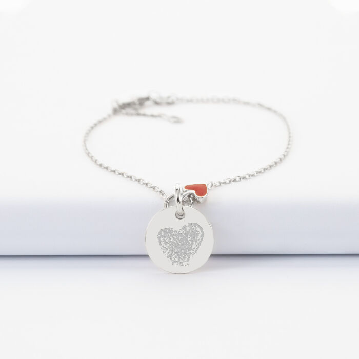 Bracelet chaîne cœur email rouge personnalisé médaille gravée argent 15 mm - empreintes