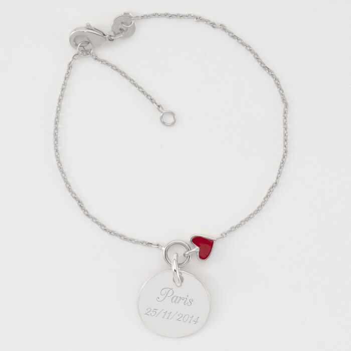 Bracelet chaîne cœur email rouge personnalisé médaille gravée argent 15 mm - texte