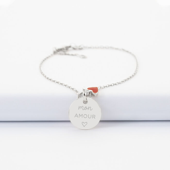 Bracelet chaîne cœur email rouge personnalisé médaille gravée argent 15 mm - illustration