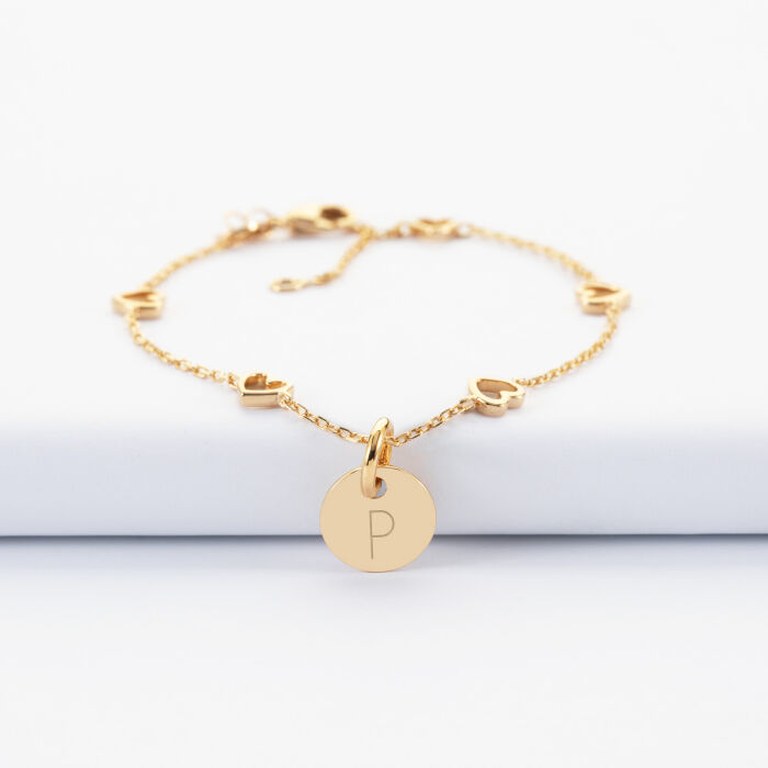 Bracelet chaîne cœurs ajourés personnalisé médaille gravée plaqué or 10 mm - P