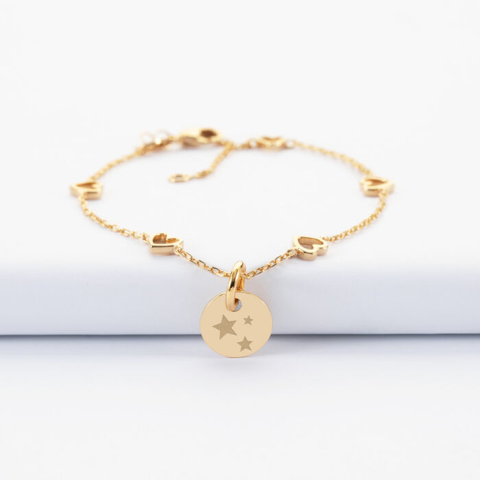 Bracelet chaîne cœurs ajourés personnalisé médaille gravée plaqué or 10 mm - etoiles