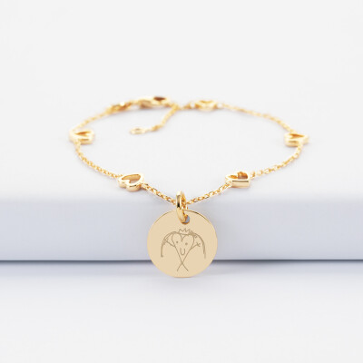 Bracelet chaîne cœurs ajourés personnalisé médaille gravée plaqué or 15 mm - dessin