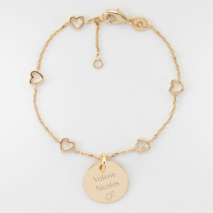 Bracelet chaîne cœurs ajourés personnalisé médaille gravée plaqué or 15 mm - texte et pictogramme