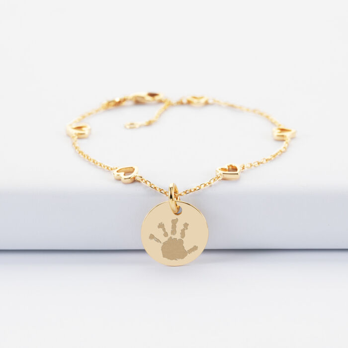 Bracelet chaîne cœurs ajourés personnalisé médaille gravée plaqué or 15 mm - empreinte