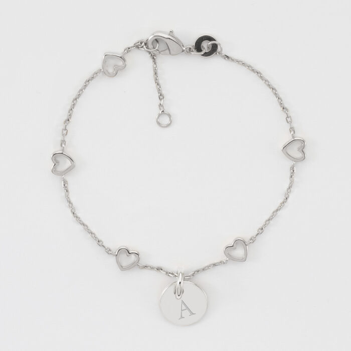 Bracelet chaîne cœurs ajourés personnalisé médaille gravée argent 10 mm - A