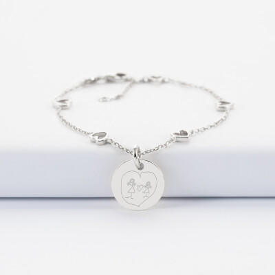 Bracelet chaîne cœurs ajourés personnalisé médaille gravée argent 15 mm - dessin