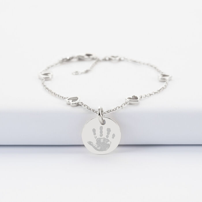 Bracelet chaîne cœurs ajourés personnalisé médaille gravée argent 15 mm - empreintes