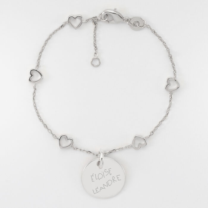 Bracelet chaîne cœurs ajourés personnalisé médaille gravée argent 15 mm - manuscrit