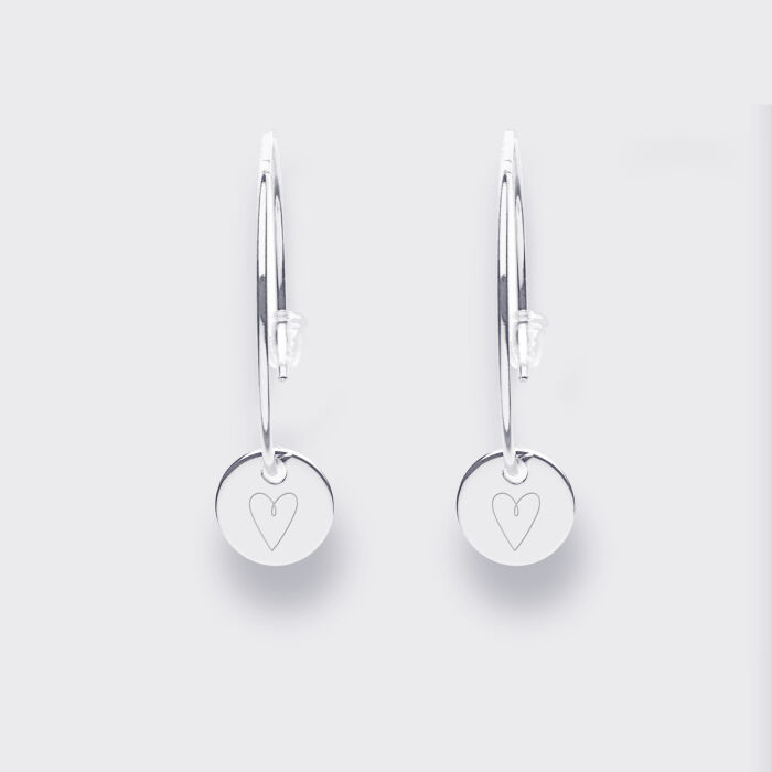 Boucles d'oreilles créoles médailles personnalisées gravées argent initiale 10 mm - coeur évidé