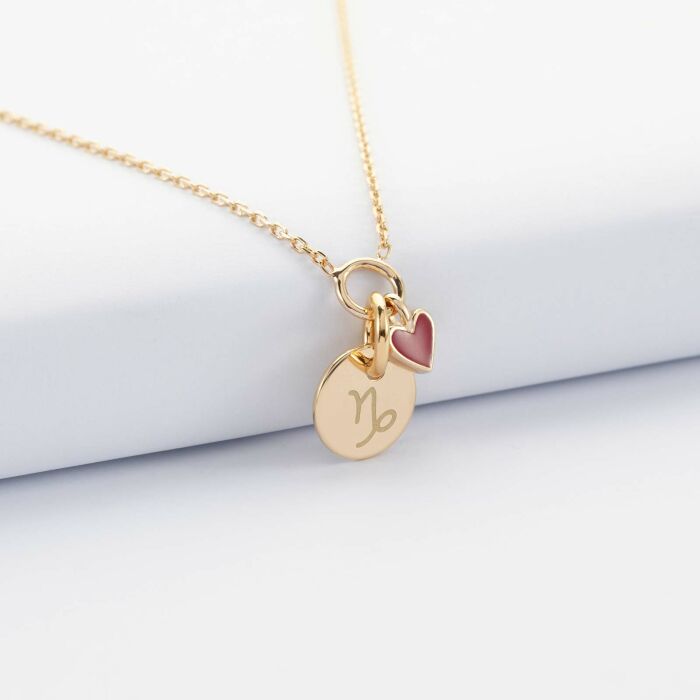 Collier cœur email rouge personnalisé médaille plaqué or 10 mm - astro