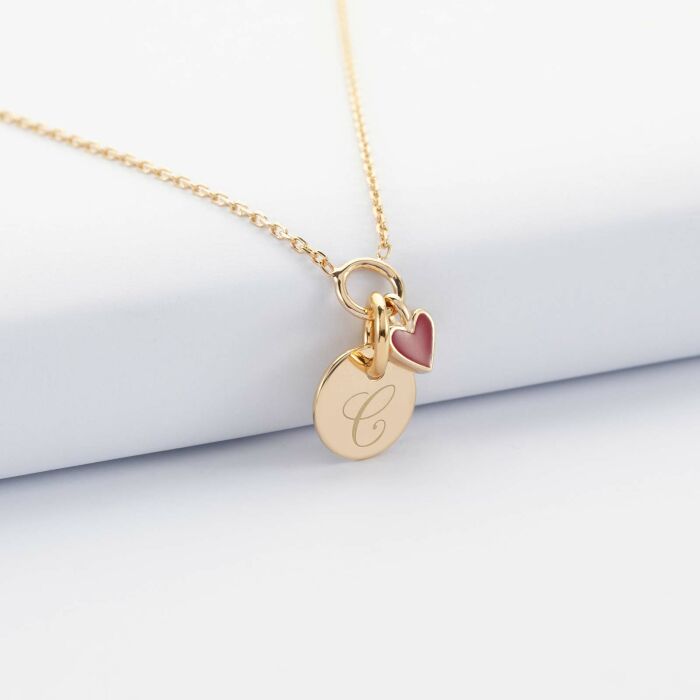 Collier cœur email rouge personnalisé médaille plaqué or 10 mm - C