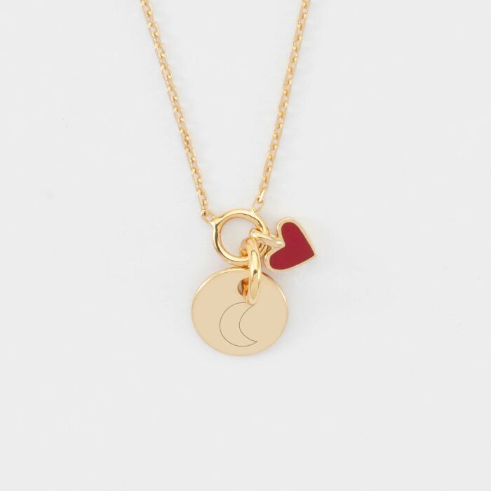Collier cœur email rouge personnalisé médaille plaqué or 10 mm - lune