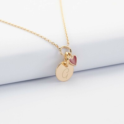 Collier cœur email rouge personnalisé médaille plaqué or 10 mm - G