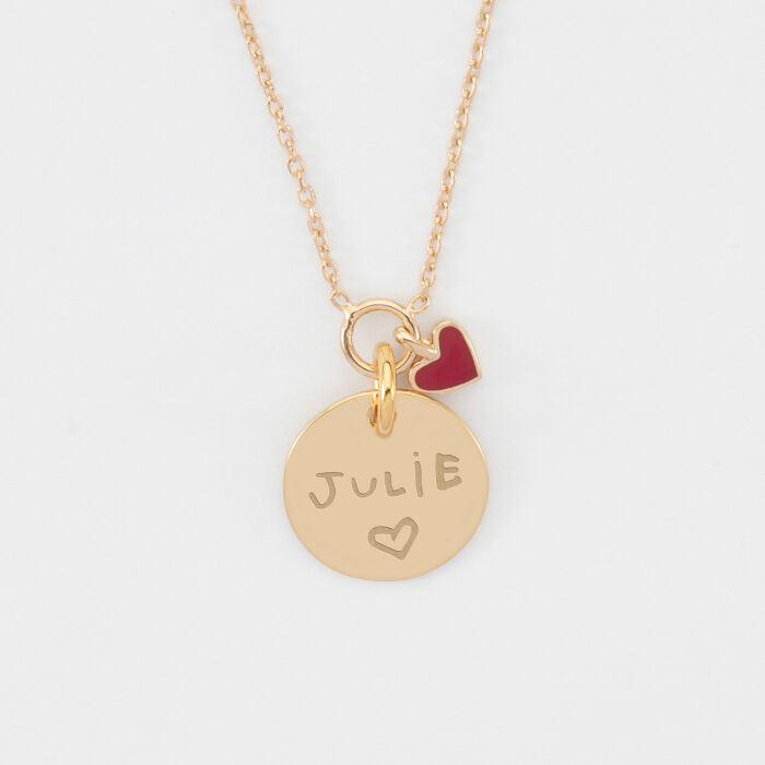 Collier cœur email rouge personnalisé médaille plaqué or 15 mm - manuscrit