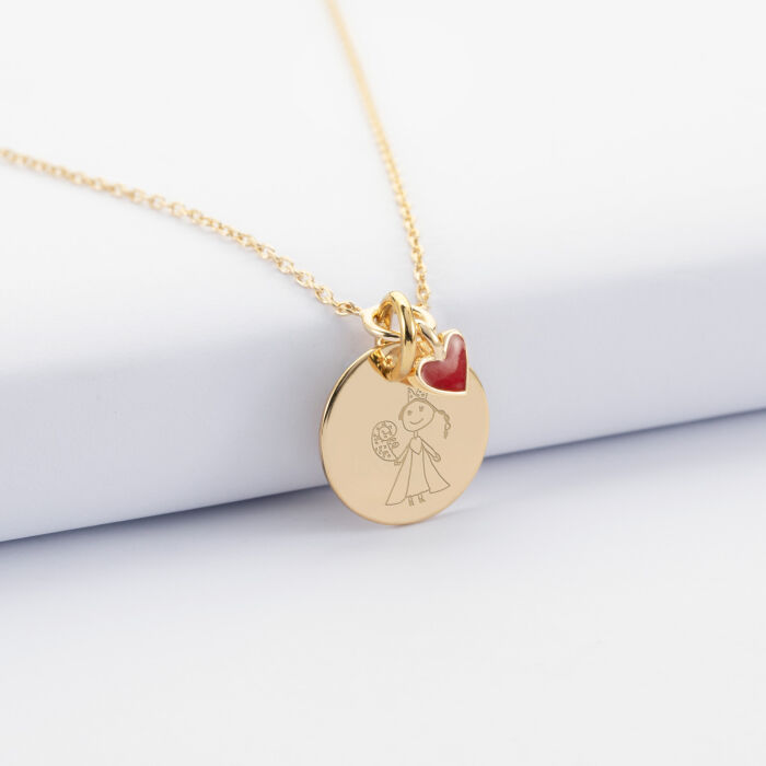 Collier cœur email rouge personnalisé médaille plaqué or 15 mm - dessin