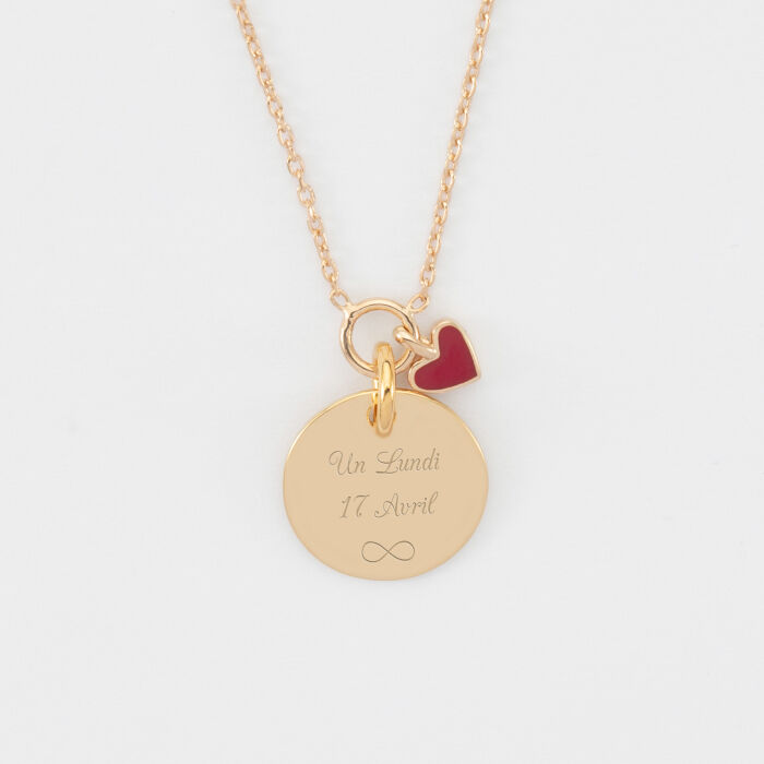 Collier cœur email rouge personnalisé médaille plaqué or 15 mm - texte et pictogramme