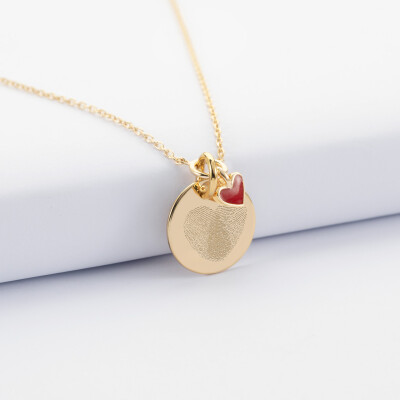 Collier cœur email rouge personnalisé médaille plaqué or 15 mm - empreintes