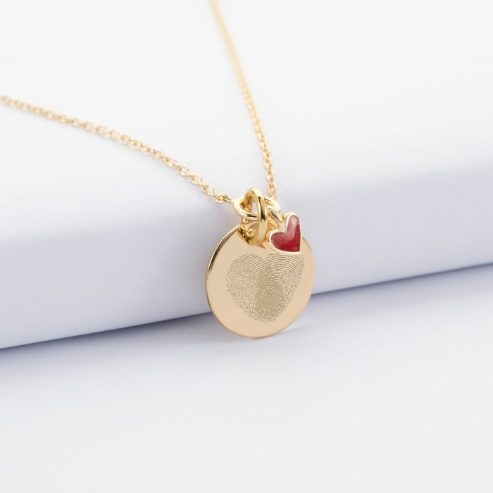 Collier cœur email rouge personnalisé médaille plaqué or 15 mm - empreintes