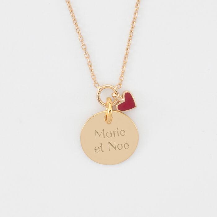 Collier cœur email rouge personnalisé médaille plaqué or 15 mm - pour la vie