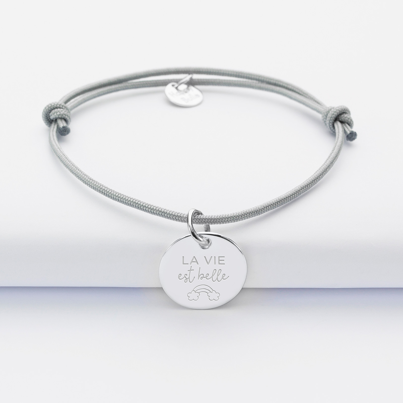 Personalised Cord Bracelet with Engraved Silver 15 mm Charm