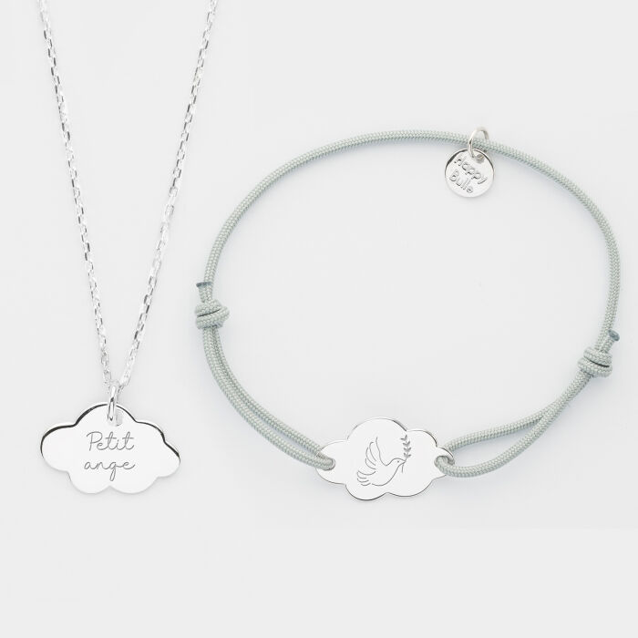 Personalised children's pendant and bracelet set with engraved silver cloud medallions 20x14mm