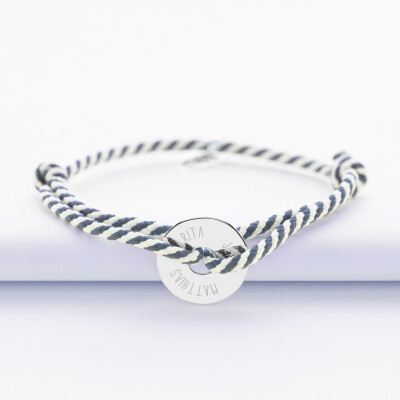 Bracelet homme personnalisé cordon marin tressé médaille gravée argent cible 16 mm - 3 prénoms